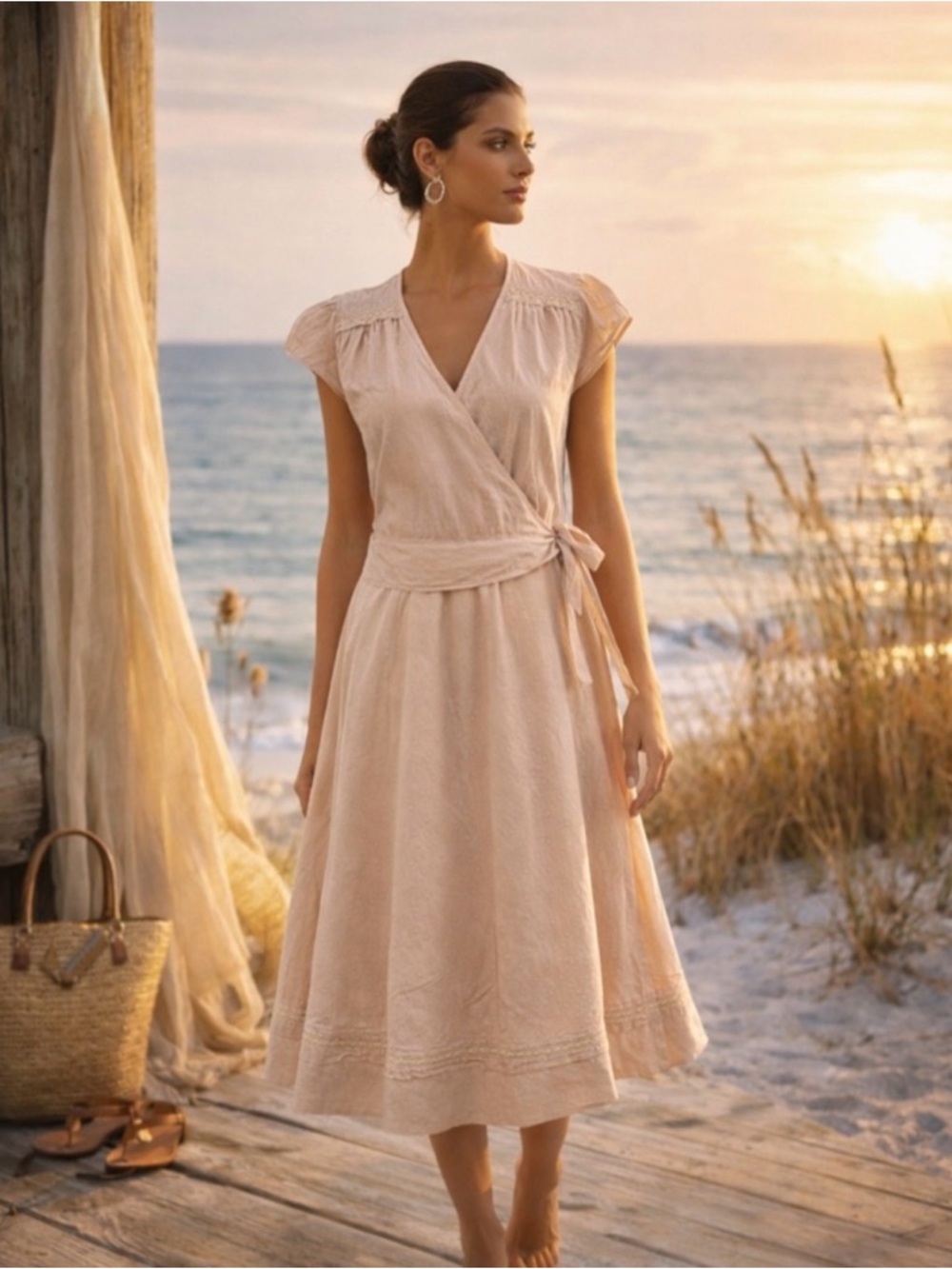 Calypso St. Barth Light Gray Wrap Midi Dress with Eyelet Trim, 100% Cotton.
